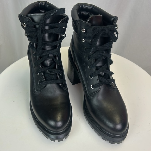 Zara Black Leather Combat Boots Stacked Heel Lug Sole - Picture 1 of 12